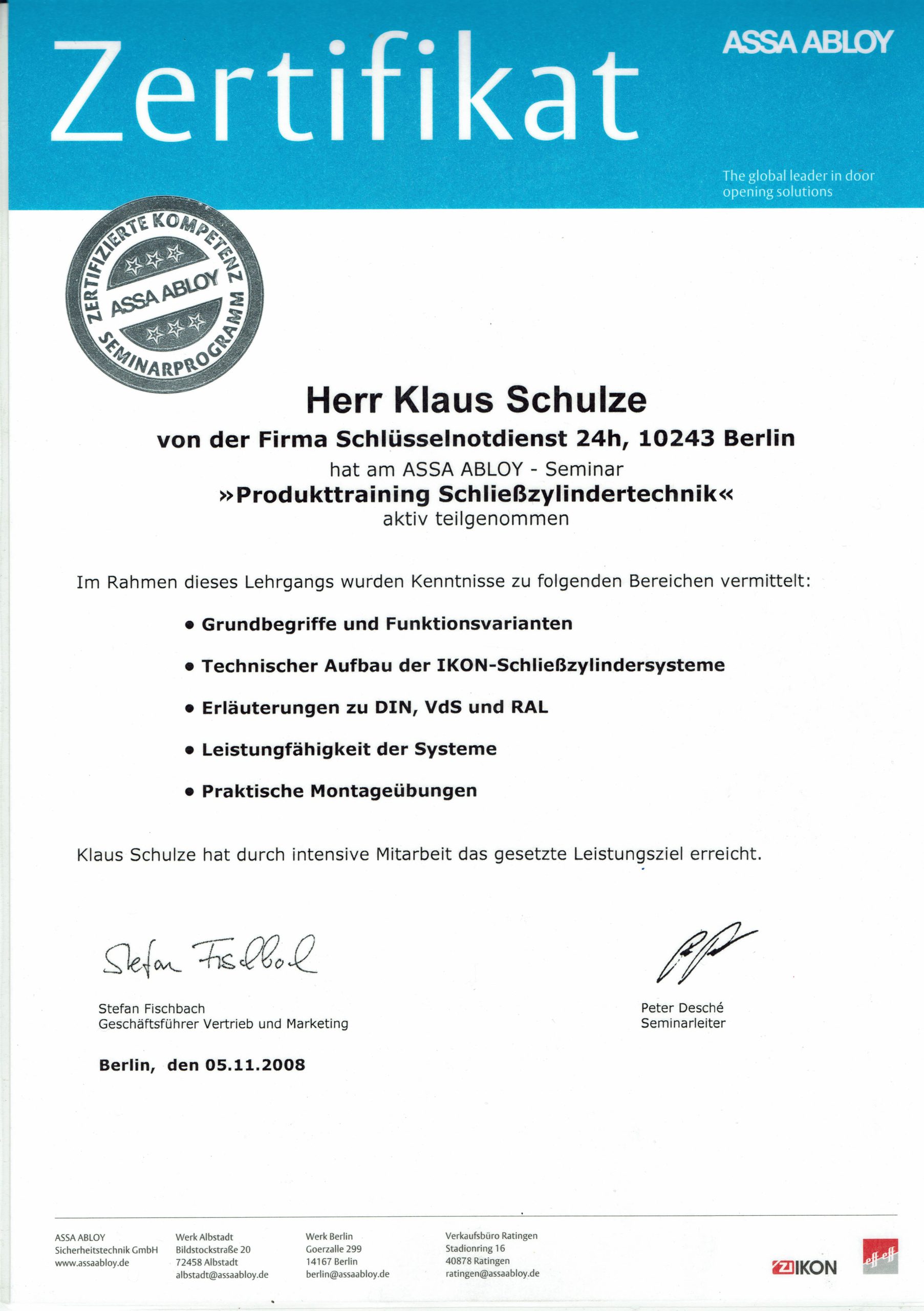 Zertifikat IKON Schließzylinder Technik